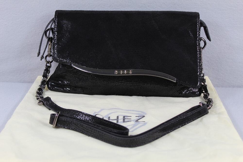 CHEZ Crossbody Bag Womens Small Black Faux Leather Chain Rhinestone Party